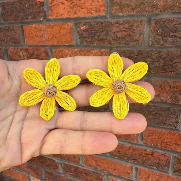 Bohemian Sunflower Sky Boho Raffia Flower Earrings - Picture 7 of 10